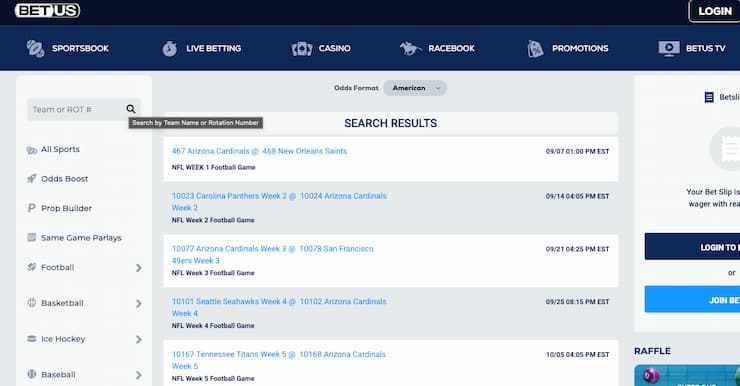 An image of the betting screen from BetUS, a popular online sportsbook in Arizona.